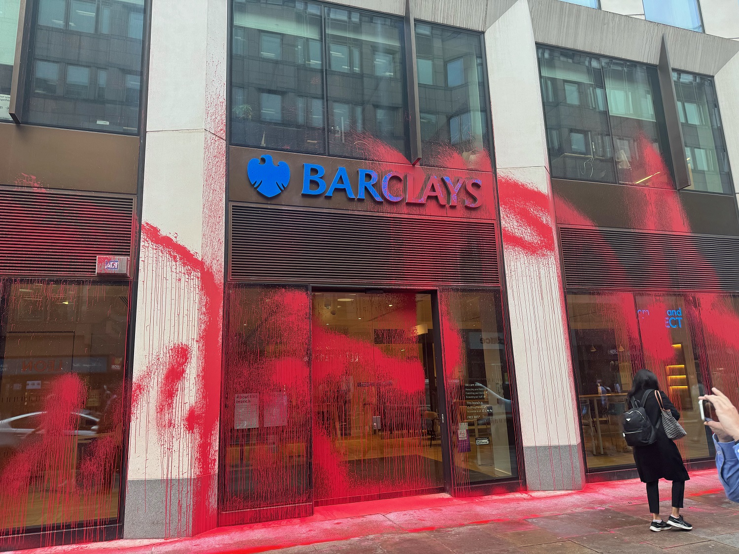 Barclays bank with red paint